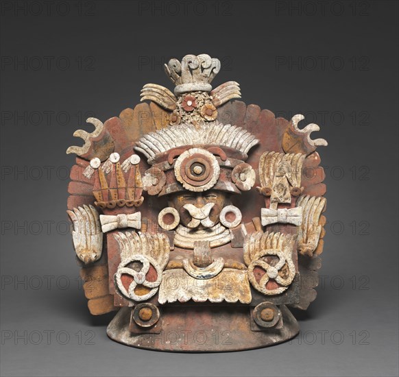 Incense-burner Cover, c. 500. Guatemala, Escuintla Region, early 6th Century. Earthenware with slip and pigments; overall: 44.8 x 43 x 31.5 cm (17 5/8 x 16 15/16 x 12 3/8 in.).