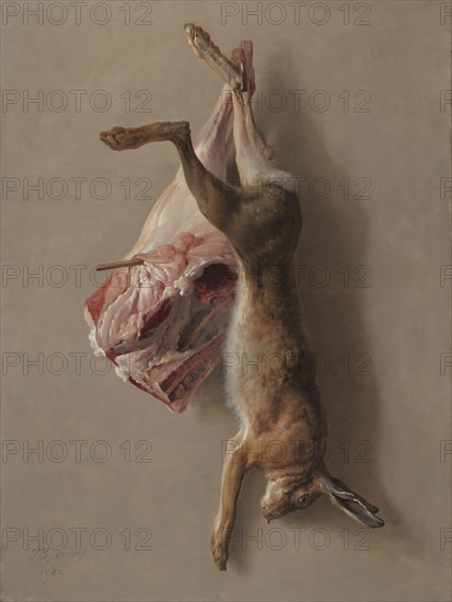 A Hare and a Leg of Lamb, 1742. Jean-Baptiste Oudry (French, 1686-1755). Oil on canvas; framed: 118 x 92.5 x 6 cm (46 7/16 x 36 7/16 x 2 3/8 in.); unframed: 98.2 x 73.5 cm (38 11/16 x 28 15/16 in.).