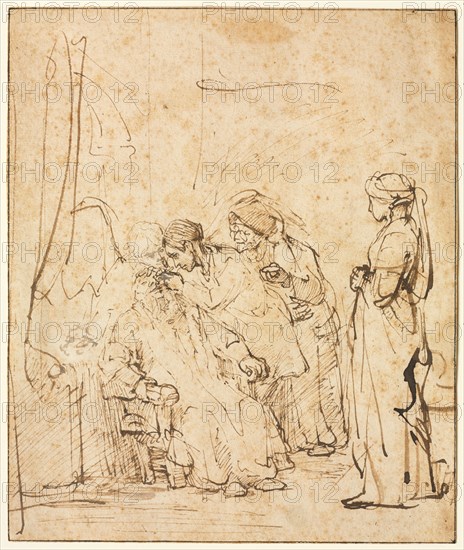 Tobias Healing His Father's Blindness, c. 1640-1645. Rembrandt van Rijn (Dutch, 1606-1669). Pen and brown ink, touched with white gouache, framing lines in brown ink; sheet: 21.1 x 17.7 cm (8 5/16 x 6 15/16 in.).