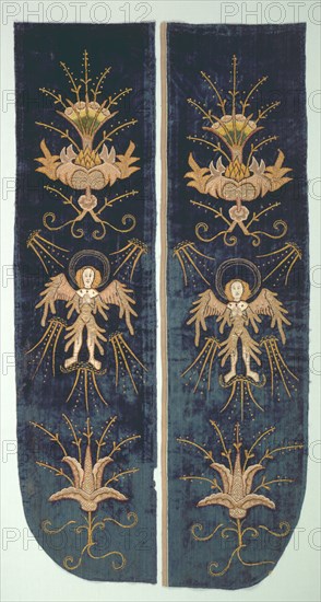 Part of a Chasuble Back, c. 1500. England, London (embroidery) and Italy, Florence (velvet), early 16th century. Silk, gold filé; appliqué, embroidery: couching stitches  Velvet: solid pile, silk; overall: 101 x 52.8 cm (39 3/4 x 20 13/16 in.)