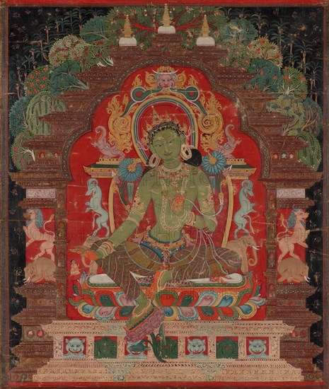 Green Tara, c. 1260s. Tibet, 13th century. Thangka, opaque watercolor and ink on cotton; overall: 52.4 x 43.2 cm (20 5/8 x 17 in.).