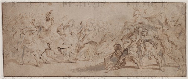 Reconciliation of the Romans and the Sabines, c. 1632/35. Peter Paul Rubens (Flemish, 1577-1640). Pen and brown ink and brush and gray and brown wash; framing lines in brown ink; sheet: 19.9 x 49.2 cm (7 13/16 x 19 3/8 in.).