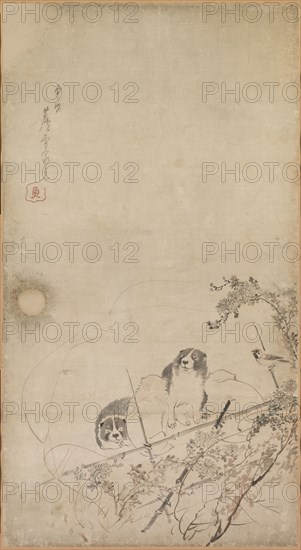 Puppies, Sparrows and Chrysanthemums, 1754-1799. Nagasawa Rosetsu (Japanese, 1754-1799). Fusuma panels mounted as hanging scrolls; ink and slight color on paper; overall: 211.4 x 94 cm (83 1/4 x 37 in.); painted surface: 167.6 x 91.5 cm (66 x 36 in.).