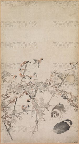 Puppies, Sparrows and Chrysanthemums, 1754-1799. Nagasawa Rosetsu (Japanese, 1754-1799). Fusuma panel mounted as a hanging scroll; ink and slight color on paper; overall: 211.4 x 94 cm (83 1/4 x 37 in.); painted surface: 167.6 x 91.5 cm (66 x 36 in.).