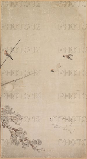Puppies, Sparrows and Chrysanthemums, 1754-1799. Nagasawa Rosetsu (Japanese, 1754-1799). Fusuma panel mounted as a hanging scroll; ink and slight color on paper; overall: 211.4 x 94 cm (83 1/4 x 37 in.); painted surface: 167.6 x 91.5 cm (66 x 36 in.).