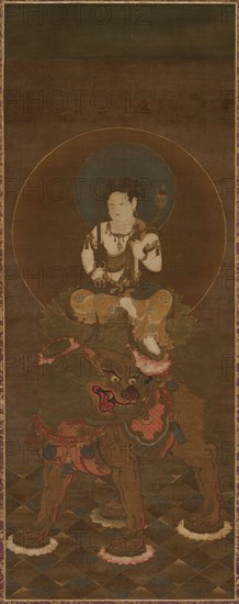 Gokei Monju (Manjushri with Five Chignons), 1200s or 1300s. Japan, Kamakura period (1185-1333). Hanging scroll, ink, color, gold, and cut gold on silk; diameter: 3.2 cm (1 1/4 in.); overall: 102 x 42.6 cm (40 3/16 x 16 3/4 in.); with knobs: 190.5 x 65.5 cm (75 x 25 13/16 in.).