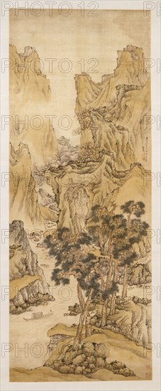 The Peach Blossom Spring, 1650. Liu Du (Chinese, active c. 1628-after 1653). Hanging scroll, ink and light color on satin; painting: 135.8 x 52 cm (53 7/16 x 20 1/2 in.); overall with knobs: 241.5 x 79 cm (95 1/16 x 31 1/8 in.).