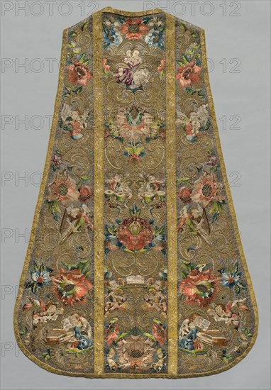Chasuble, 1675-1699. Germany, Bavaria, last quarter of 17th century. Embroidery, silk and metallic threads, on silk tabby sewn down on a linen tabby ground; overall: 116.9 x 78.1 cm (46 x 30 3/4 in.)