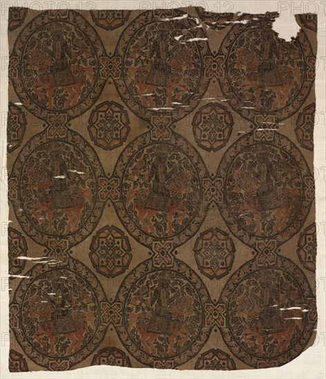 Fragment with Equestrian Falconer King, 800s. Iran or Iraq, Abbasid period, 9th century. Lampas weave, silk; overall: 103.2 x 86.4 cm (40 5/8 x 34 in.)