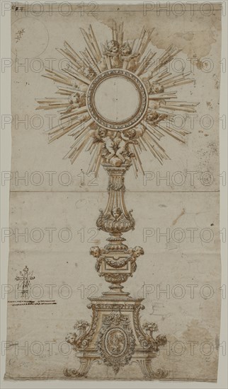 Design for a Monstrance, 1600s. Anonymous. Pen and brown ink (ruled in places) and brush and brown wash, with graphite, traces of brush and gray and pink wash, and stylus; framing lines in graphite; sheet: 76.6 x 43 cm (30 3/16 x 16 15/16 in.).