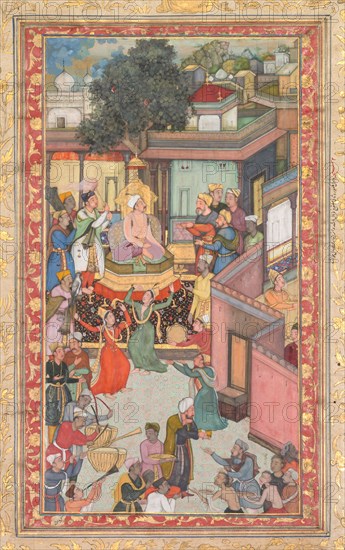 Circumcision ceremony for Akbar’s sons, painting 126 from an Akbar-nama (Book of Akbar) of Abu’l Fazl (Indian, 1551–1602), c. 1602-3. Attributed to Dharam Das (Indian, active c. 1580–1605). Opaque watercolor, ink and gold on paper; image: 22.9 x 12.1 cm (9 x 4 3/4 in.); sheet with border: 34.7 x 22.5 cm (13 11/16 x 8 7/8 in.).