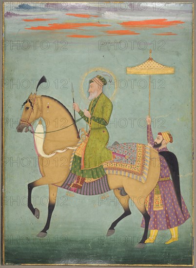 The Emperor Alamgir (reigned 1658–1707) on Horseback, c. 1690-1710. India, Mughal Dynasty (1526-1756). Opaque watercolor, gold, and silver on paper; overall: 30.5 x 22.3 cm (12 x 8 3/4 in.).