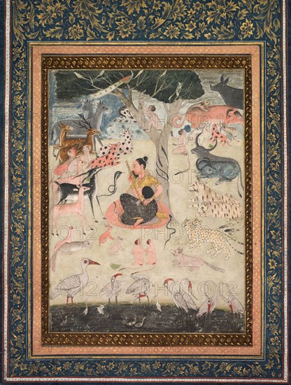 The Attractions of Music, c. 1680. Central India, 17th century. Ink and color on paper; image: 21.6 x 16 cm (8 1/2 x 6 5/16 in.); sheet with border: 32 x 24 cm (12 5/8 x 9 7/16 in.).