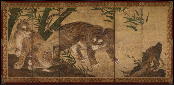 Tiger and Leopard, 1668. Sekkei Yamaguchi (Japanese, 1644-1732). Six-panel folding screen, ink and color on gilded paper; image: 149 x 330 cm (58 11/16 x 129 15/16 in.).