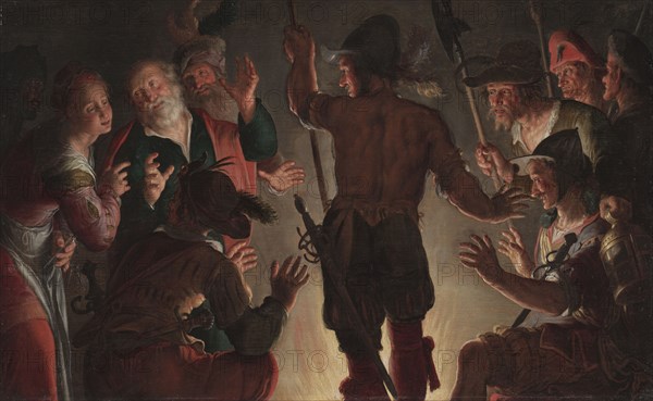 The Denial of Peter, c. 1624-1628. Peter Wtewael (Dutch, 1596-1660). Oil on wood; framed: 43.8 x 61 x 6.4 cm (17 1/4 x 24 x 2 1/2 in.); unframed: 28 x 45.5 cm (11 x 17 15/16 in.); former: 42 x 59.5 x 6.5 cm (16 9/16 x 23 7/16 x 2 9/16 in.).