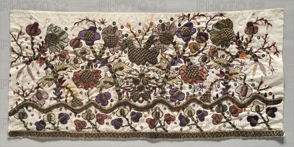 Embroidered Fragment, 1700s. Greece, 18th century. Embroidery; silk and gold filé on cotton tabby; overall: 20.5 x 43.8 cm (8 1/16 x 17 1/4 in.)