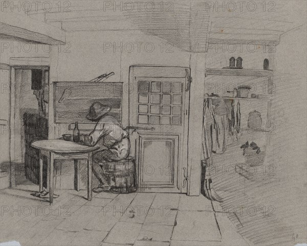 A Farmhouse Interior with a Boy at a Table, c. 1846. Alexandre-Gabriel Decamps (French, 1803-1860). Black chalk heightened with white chalk; sheet: 43.3 x 53.3 cm (17 1/16 x 21 in.); secondary support: 49.3 x 59.6 cm (19 7/16 x 23 7/16 in.).