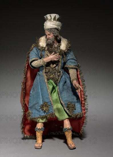 Figure from a Crèche: Magus, 1780-1830. Italy, Naples, late 18th-early 19th century. Painted wood and terracotta with various textiles; overall: 28.7 cm (11 5/16 in.).