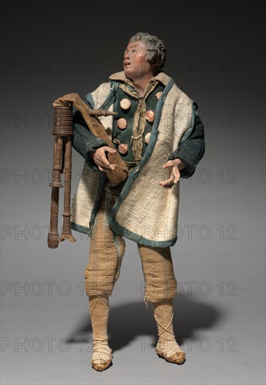 Figure from a Crèche: Piper, 1780-1830. Italy, Naples, late 18th-early 19th century. Painted wood and terracotta with various textiles; overall: 27.3 cm (10 3/4 in.).