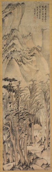 Solitary Colors of the Autumn Woods, first half 1600s. Wang Jianzhang (Chinese, active 1621-1662). Hanging scroll, ink and color on satin; image: 117.8 x 51.2 cm (46 3/8 x 20 3/16 in.); overall: 227 x 81.3 cm (89 3/8 x 32 in.).