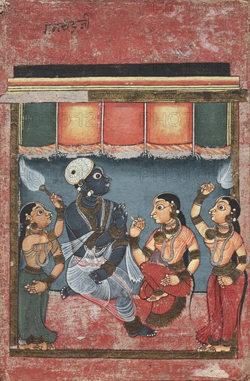 Krishna with Radha and Two Attendants (recto), 18th century. India, Orissa, Mysore school, 18th century. Color on cloth; image: 19.5 x 15 cm (7 11/16 x 5 7/8 in.); overall: 25.5 x 17 cm (10 1/16 x 6 11/16 in.).