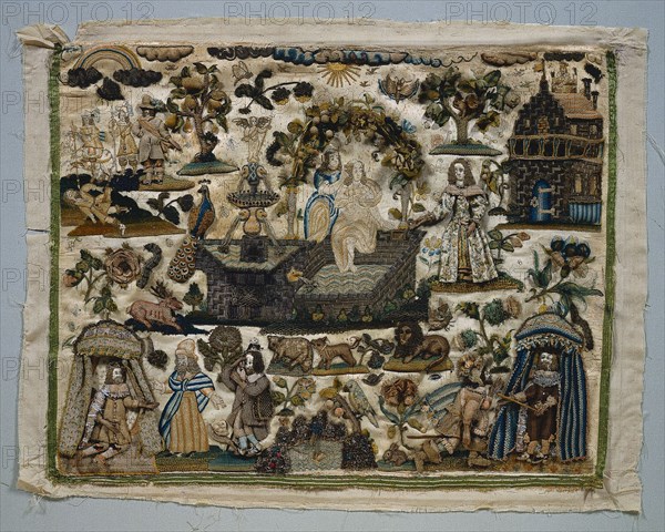 Stumpwork Panel: Story of David and Bathsheba, 1658. England, 17th century. Stumpwork embroidery with silk and metallic threads, pearls and wooden appendages; overall: 43.2 x 53.3 cm (17 x 21 in.)