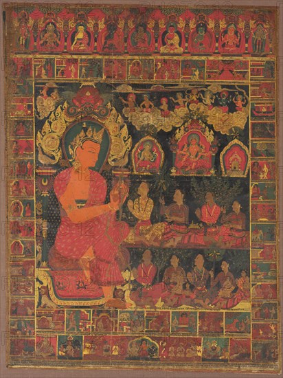 Thangka with Bejeweled Buddha Preaching, 1648. Nepal, 17th century. Color on cloth; overall: 109.5 x 82.5 cm (43 1/8 x 32 1/2 in.).