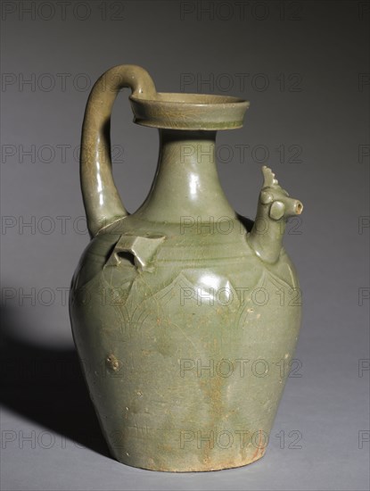 Chicken-Headed Ewer, 220-589. China, Zhejiang province, Southern Dynasties period (420-589). Green-glazed stoneware with incised, carved and applied decoration, Yue ware; overall: 23.5 cm (9 1/4 in.).