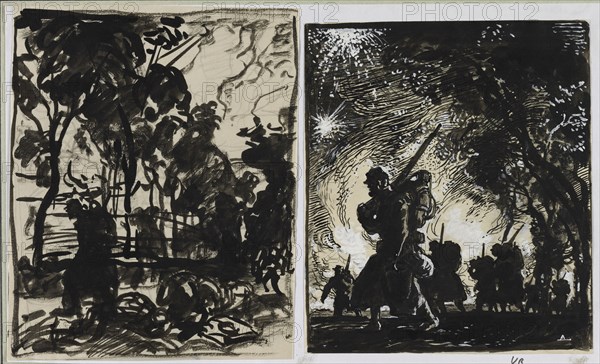 Scène nocturne; patrouille à la lisière d'un bois, 1914. Auguste Louis Lepère (French, 1849-1918). Brush and black ink, black crayon, heightened with white gouache