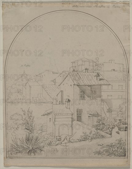 View from My Window in Rome, c. 1817. Carl Wilhelm Tischbein (German, 1797-1855). Graphite and pen and gray ink, framing lines in pen and black ink and graphite; sheet: 22.4 x 17.1 cm (8 13/16 x 6 3/4 in.); image: 20.5 x 16.8 cm (8 1/16 x 6 5/8 in.).