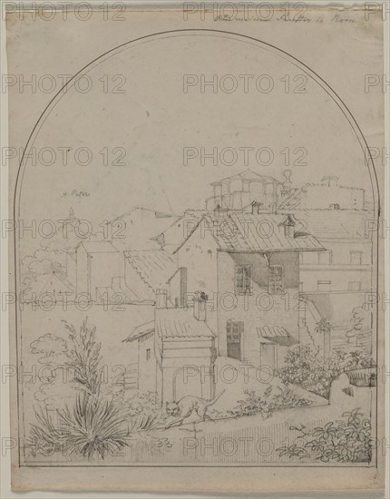 View from My Window in Rome (recto) Soldier in a Landscape (verso) , c. 1817. Carl Wilhelm Tischbein (German, 1797-1855). Graphite and pen and gray ink, framing lines in pen and black ink and graphite; sheet: 22.4 x 17.1 cm (8 13/16 x 6 3/4 in.); image: 20.5 x 16.8 cm (8 1/16 x 6 5/8 in.).