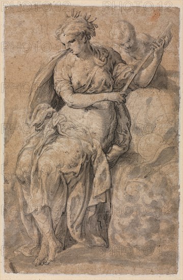 Allegorical Figure, 16th century. Niccolo dell' Abbate (Italian, c. 1512-1571). Pen and black ink and brush and gray wash, heightened with white gouache; sheet: 28.8 x 19 cm (11 5/16 x 7 1/2 in.); secondary support: 43.3 x 28.8 cm (17 1/16 x 11 5/16 in.).