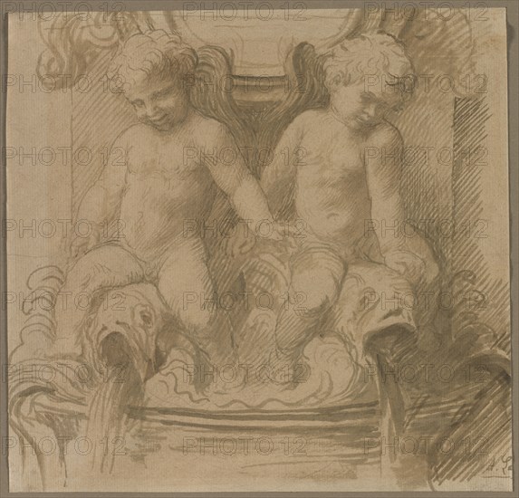 Fountain with Putti Riding Dolphins, last half 1800s. Alphonse Legros (French, 1837-1911). Brush and green wash over graphite; sheet: 27 x 28 cm (10 5/8 x 11 in.).