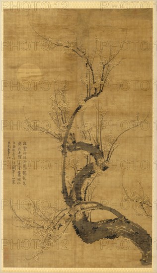 A Prunus in the Moonlight, 1300s. Wang Mian (Chinese, 1287-1359). Hanging scroll, ink on silk; painting: 164.6 x 94.6 cm (64 13/16 x 37 1/4 in.); overall: 260.6 x 116 cm (102 5/8 x 45 11/16 in.).