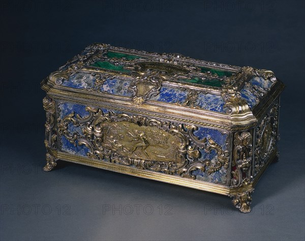 Boncompagni-Ludovisi-Ottoboni Casket, 1731. Italy, Rome, 18th century. Silver, partially gilt, malachite, lapis lazuli, enamel; overall: 19.1 x 40.7 x 22.9 cm (7 1/2 x 16 x 9 in.).