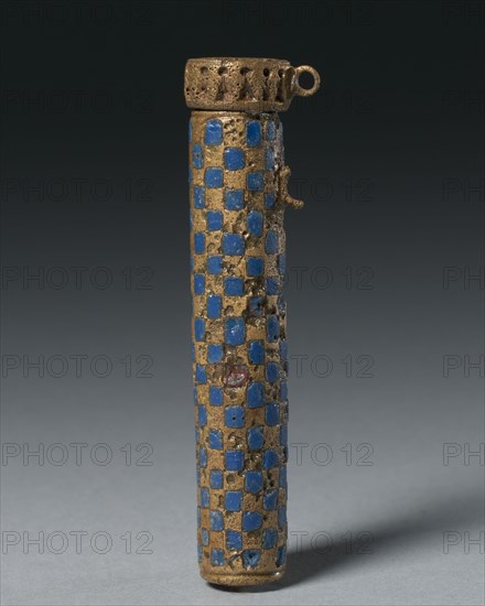 Kohl Tube, 305 BC-AD 395. Egypt, Ptolemaic Dynasty to Roman Empire. Brass with blue enamel decoration; diameter: 1.7 cm (11/16 in.); with cover: 8.9 cm (3 1/2 in.).