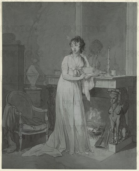 Woman in Front of a Fireplace, c. 1803. Louis Léopold Boilly (French, 1761-1845). Black chalk and gray wash heightened with white chalk, squared in black chalk; sheet: 46 x 37 cm (18 1/8 x 14 9/16 in.).