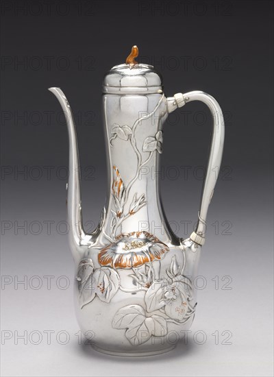 Coffee Pot, c. 1879. Tiffany and Company (American). Silver inlaid with copper and gold, ivory; overall: 21.5 x 12.6 cm (8 7/16 x 4 15/16 in.).