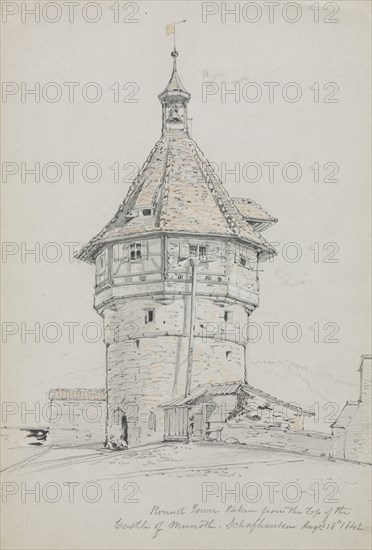 Round Tower, Castle of Munoth, Schafhausen, Switzerland, 1842. John William Casilear (American, 1811-1893). Graphite and orange and yellow crayon, with traces of black and white paint; sheet: 30.4 x 19.8 cm (11 15/16 x 7 13/16 in.).