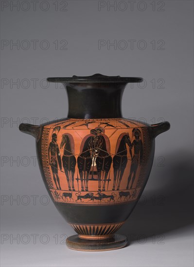 Hydria, c. 520 BC. Attributed to Antimenes Painter (Greek). Black-figure terracotta; overall: 43.2 cm (17 in.); diameter of rim: 24.7 cm (9 3/4 in.); diameter of foot: 15.2 cm (6 in.).