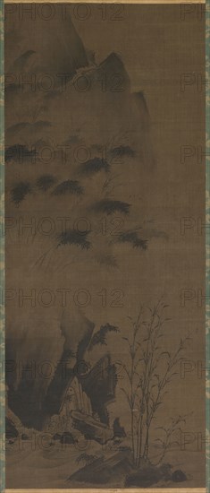 Bamboo in Rain, early 1500s. Attributed to Genga (Japanese). Hanging scroll; ink on silk; image: 95.2 x 39.7 cm (37 1/2 x 15 5/8 in.); overall: 182.5 x 58 cm (71 7/8 x 22 13/16 in.).
