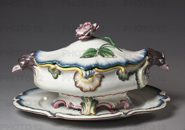 Tureen and Platter , c. 1750. Strasbourg Factory (French). Tin-glazed earthenware (faience) with enamel decoration; overall: 38.8 x 38 cm (15 1/4 x 14 15/16 in.).