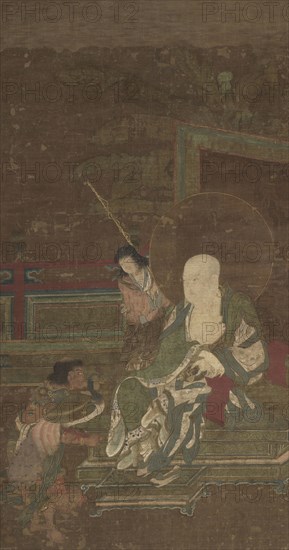 Seated Arhat with Two Attendants, late 1200s. China, Southern Song dynasty (1127-1279). Hanging scroll, ink and color on silk; overall with knobs: 201 x 75.5 cm (79 1/8 x 29 3/4 in.); painting only: 94 x 50 cm (37 x 19 11/16 in.).