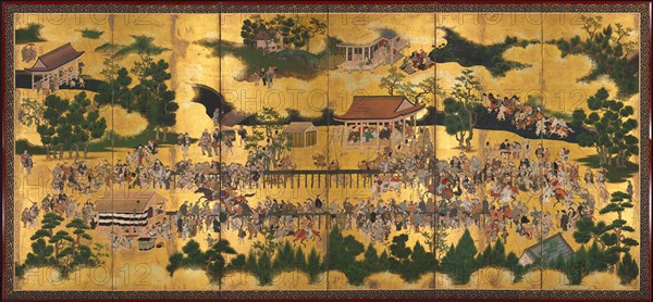 Horse Race at the Kamo Shrine, 1615-50. Tosa School (Japanese). One of a pair of six-panel folding screens, ink and color on gilded paper; image: 161 x 362 cm (63 3/8 x 142 1/2 in.); overall: 176.5 x 377.3 cm (69 1/2 x 148 9/16 in.); closed: 176.5 x 64 x 12.5 cm (69 1/2 x 25 3/16 x 4 15/16 in.).