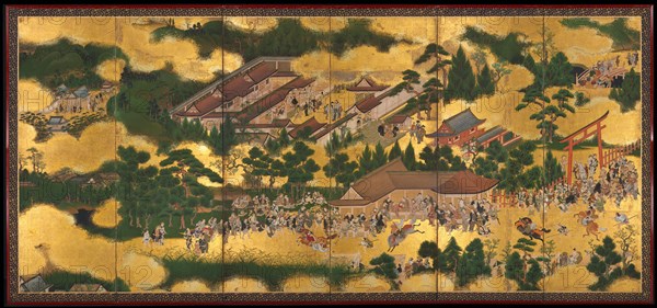 Horse Race at the Kamo Shrine, 1615-50. Tosa School (Japanese). One of a pair of six-panel folding screens, ink and color on gilded paper; image: 161 x 362 cm (63 3/8 x 142 1/2 in.); overall: 176.5 x 377.3 cm (69 1/2 x 148 9/16 in.); closed: 176.5 x 64 x 12.5 cm (69 1/2 x 25 3/16 x 4 15/16 in.).