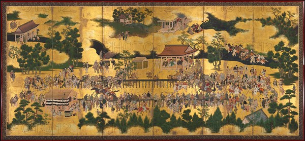 Horse Race at the Kamo Shrine, 1615-50. Tosa School (Japanese). Pair of six-panel folding screens, ink and color on gilded paper; image: 161 x 362 cm (63 3/8 x 142 1/2 in.).