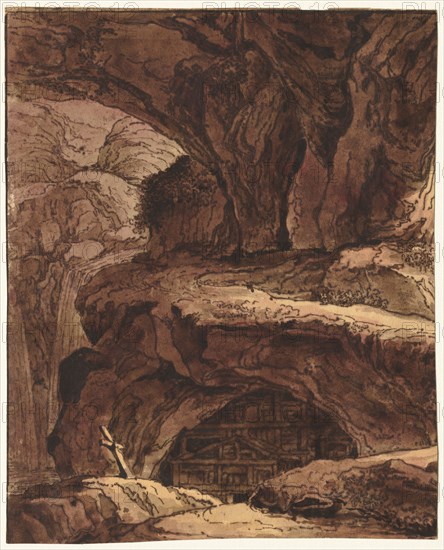 Rocky Landscape with a Cave Chapel, 19th century. Attributed to Johann Martin von Rohoden (Flemish, 1778-1868). Pen and brown ink and brush and brown and purple wash; framing lines in brown ink (left side and top); sheet: 32.5 x 26.3 cm (12 13/16 x 10 3/8 in.); secondary support: 32.8 x 26.3 cm (12 15/16 x 10 3/8 in.).