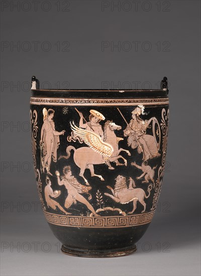 Apulian Situla, c. 350 BC. Attributed to Group of the Dublin Situlae. Red-figure terracotta; with handle: 30.3 cm (11 15/16 in.); diameter of rim: 24.5 cm (9 5/8 in.); diameter of foot: 13.1 cm (5 3/16 in.); without handle: 28 cm (11 in.).