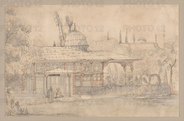 Pavilion Near a Mosque, 1800s. Félix Ziem (French, 1821-1911). Graphite and gray, blue, orange and red wash; sheet: 26.7 x 41.2 cm (10 1/2 x 16 1/4 in.).