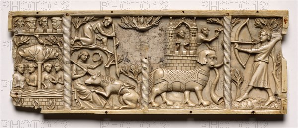 Panel from a Casket with Scenes from Courtly Romances, 1330-1350 or later. France, Lorraine?, Gothic period, 14th century. Ivory; overall: 9.8 x 25.9 x 1 cm (3 7/8 x 10 3/16 x 3/8 in.).